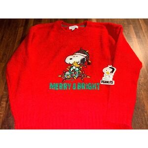 Peanuts Snoopy Christmas Sweater Red Chenille Merry & Bright Small